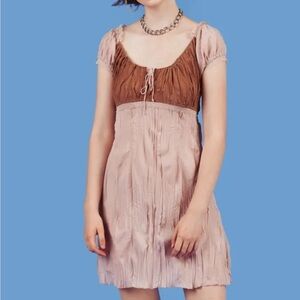 Unif Pastel Pink & Brown Milkmaid Mini Dress M Grunge Whimsygoth